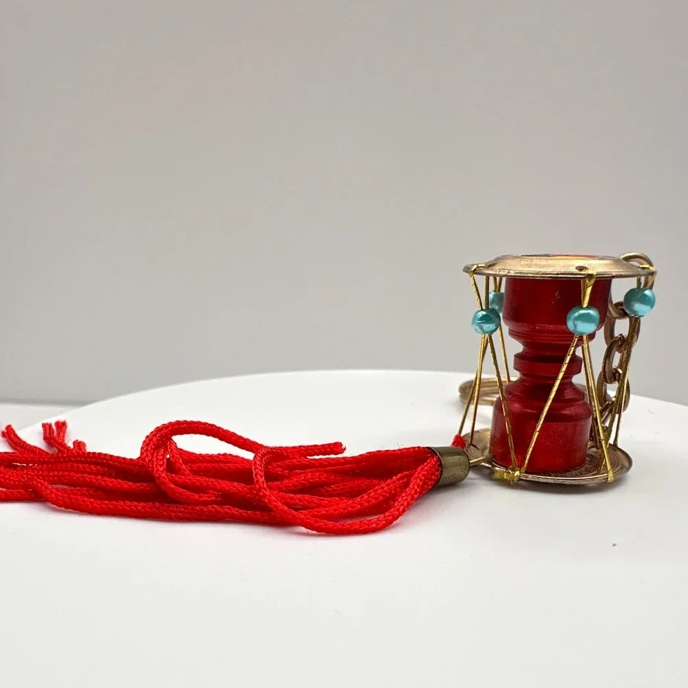 Vintage 90s Korean Janggu Drum Keychain Red Tassel Blue Bead Traditional Style